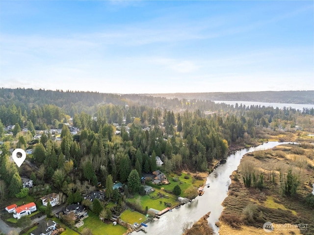 drone / aerial view with a water view and a wooded view