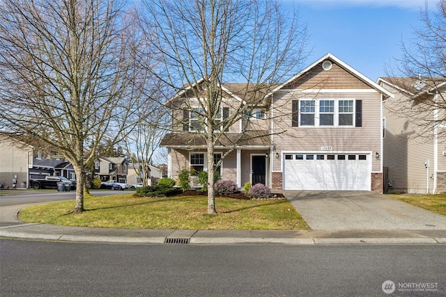 view of front of property featuring driveway, brick siding, a garage, and a front yard