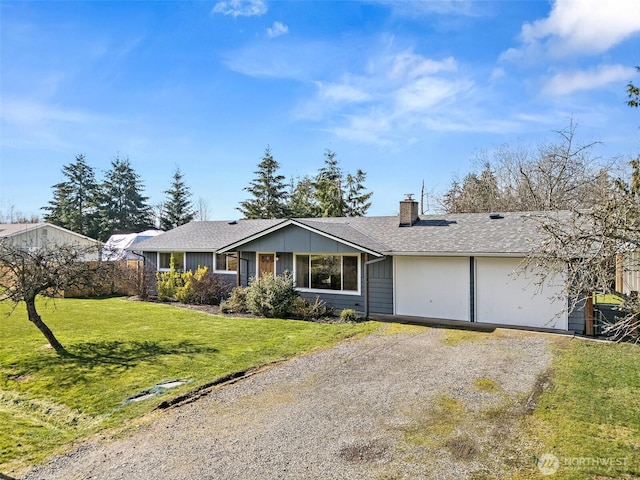 ranch-style house with gravel driveway, roof with shingles, a chimney, and a front lawn