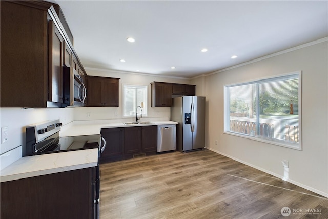 kitchen featuring plenty of natural light, appliances with stainless steel finishes, dark brown cabinets, light wood-style floors, and a sink