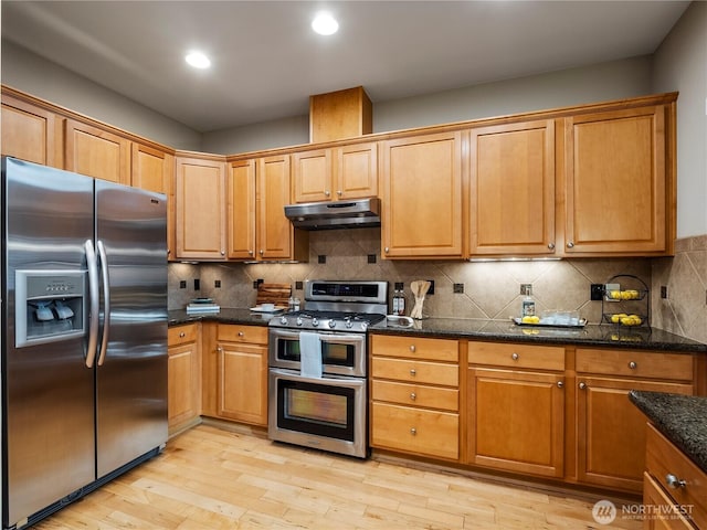 kitchen with appliances with stainless steel finishes, decorative backsplash, light wood-style flooring, and under cabinet range hood