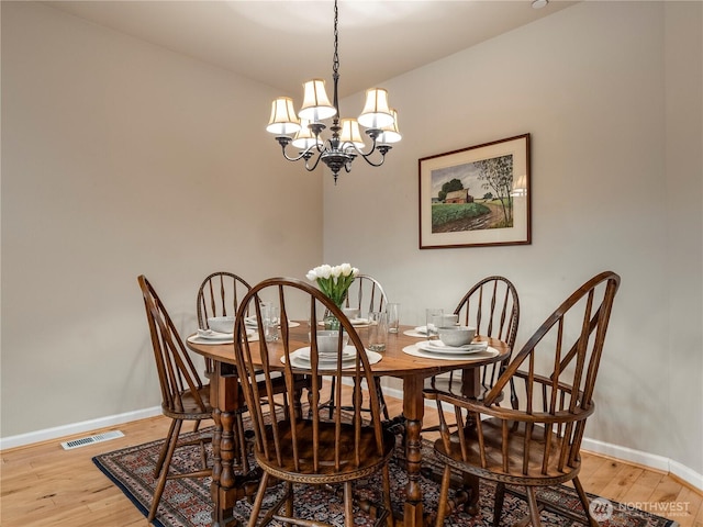 dining space featuring light wood-type flooring, baseboards, and visible vents