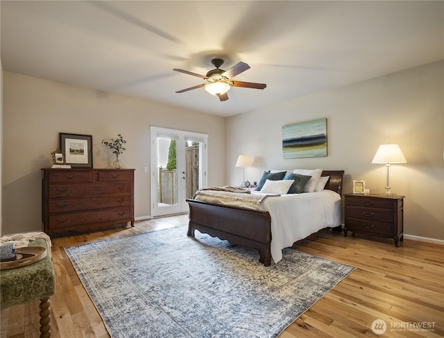 bedroom with access to exterior, light wood-style floors, baseboards, and ceiling fan