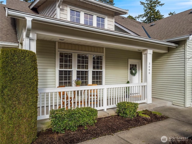 doorway to property featuring covered porch and roof with shingles