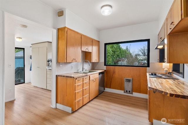 kitchen with decorative backsplash, stainless steel appliances, light wood-type flooring, under cabinet range hood, and a sink