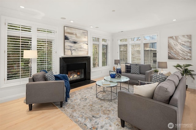 living room with a glass covered fireplace, wood finished floors, and baseboards