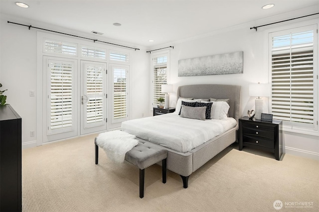 bedroom featuring recessed lighting, visible vents, access to exterior, and carpet flooring