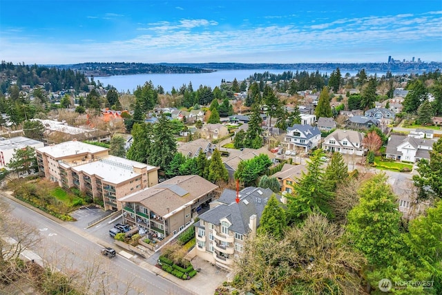 aerial view featuring a water view