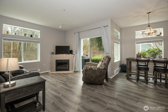 living area with a baseboard radiator, a fireplace, wood finished floors, baseboards, and baseboard heating