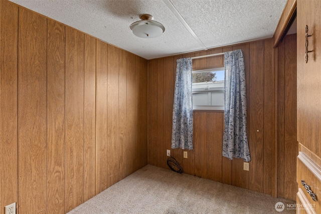 unfurnished room with carpet, wood walls, and a textured ceiling