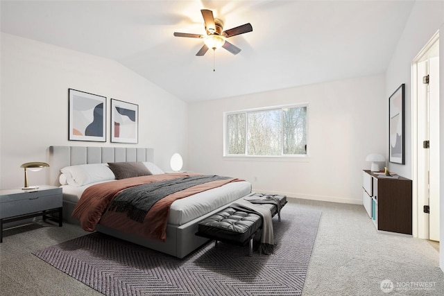 bedroom featuring lofted ceiling, carpet floors, ceiling fan, and baseboards