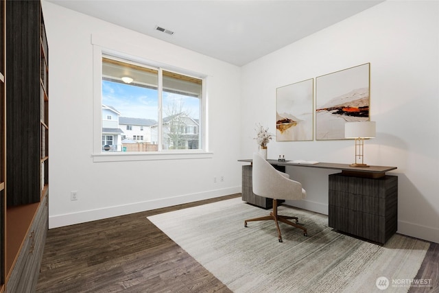 home office featuring wood finished floors, visible vents, and baseboards