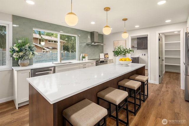 kitchen featuring stainless steel appliances, white cabinets, a sink, wood finished floors, and wall chimney exhaust hood