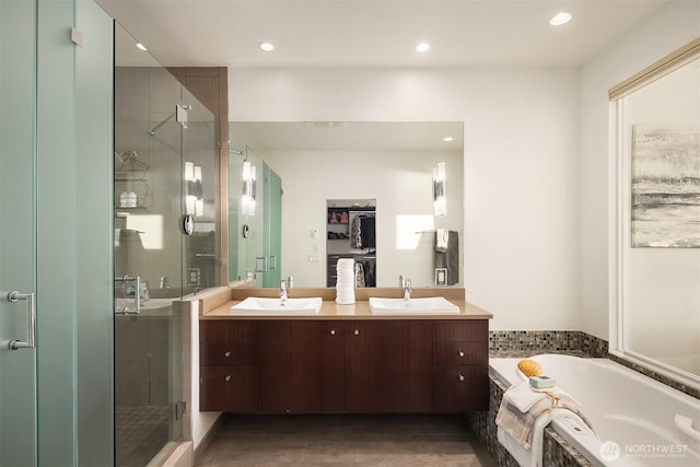 1514 Alki Ave SW, Seattle, WA 98116 - full bath featuring a stall shower, a bath, double vanity, and recessed lighting