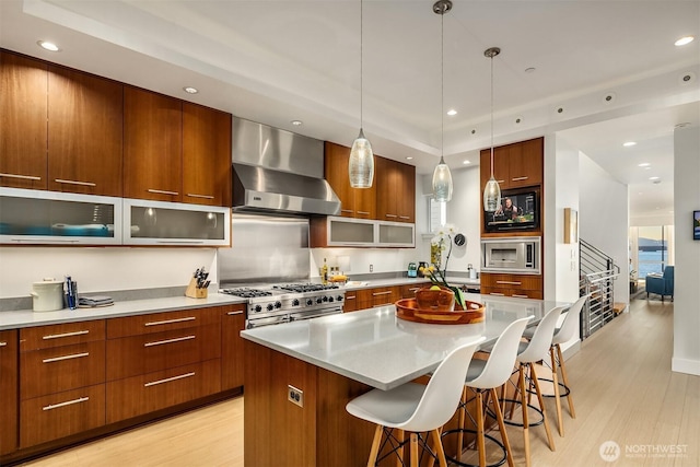 1514 Alki Ave SW, Seattle, WA 98116 - kitchen with wall chimney range hood, stainless steel appliances, modern cabinets, light wood-style flooring, and recessed lighting