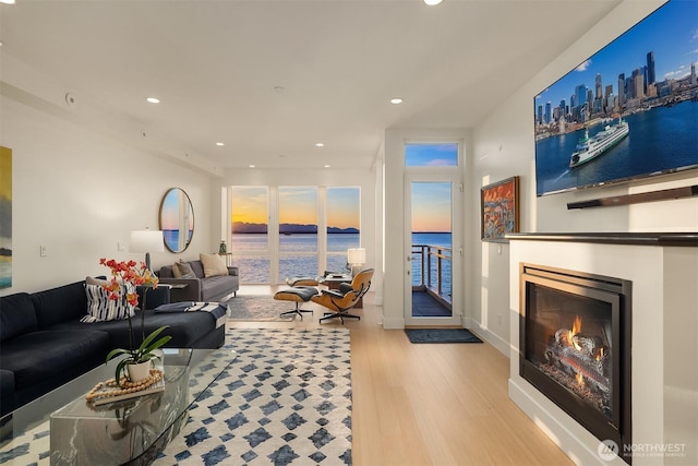 1514 Alki Ave SW, Seattle, WA 98116 - living area featuring wood finished floors, a glass covered fireplace, recessed lighting, and baseboards