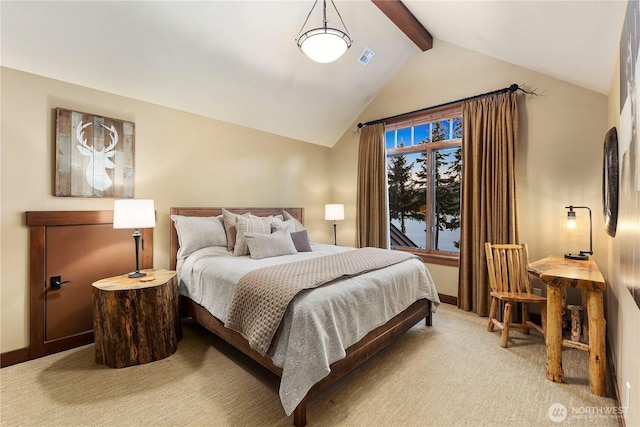 bedroom with vaulted ceiling with beams, visible vents, baseboards, and carpet flooring