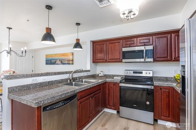 kitchen featuring stainless steel appliances, a peninsula, a sink, visible vents, and dark countertops