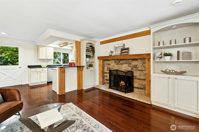 living room with dark wood-type flooring, crown molding, and a stone fireplace