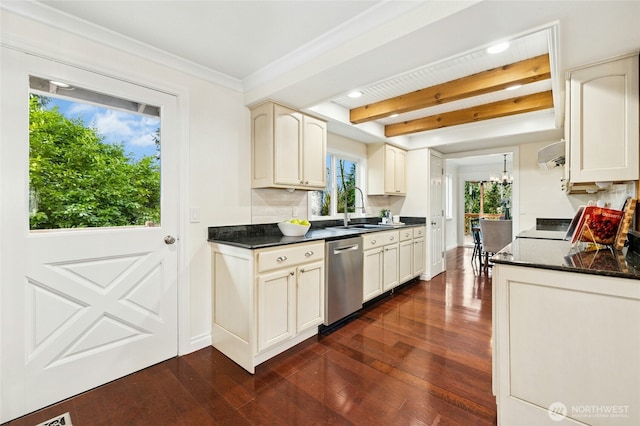 kitchen featuring dark countertops, dark wood-style flooring, a sink, and stainless steel dishwasher