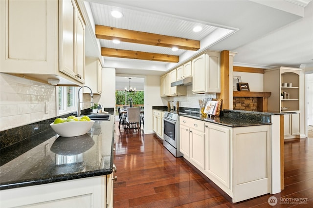 kitchen featuring a chandelier, a sink, beam ceiling, stainless steel electric stove, and dark wood finished floors