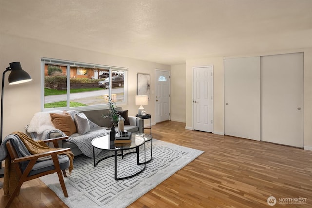 living area featuring baseboards and wood finished floors