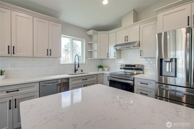 kitchen featuring a sink, stainless steel appliances, under cabinet range hood, open shelves, and backsplash