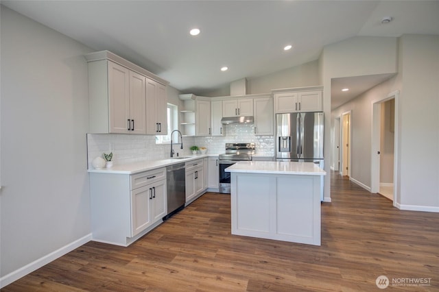 kitchen with stainless steel appliances, dark wood-type flooring, vaulted ceiling, a sink, and under cabinet range hood