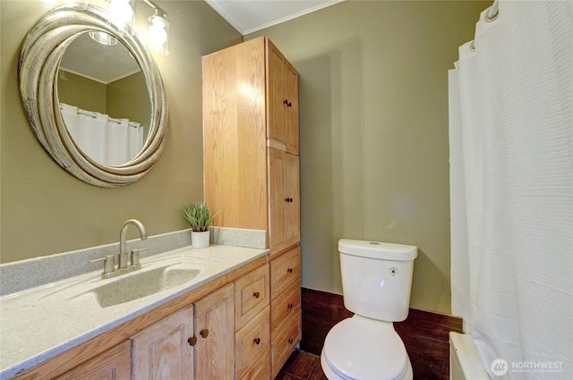 full bath with a shower with curtain, vanity, and toilet