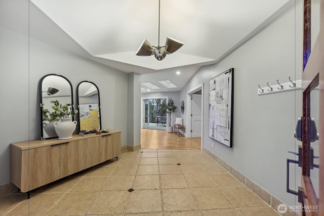 corridor featuring lofted ceiling, light tile patterned floors, recessed lighting, and baseboards