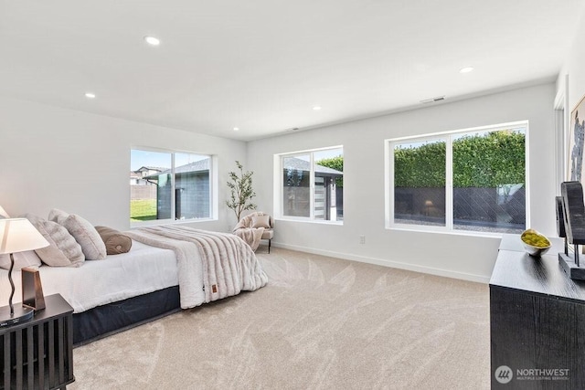 bedroom featuring light carpet, recessed lighting, visible vents, and baseboards