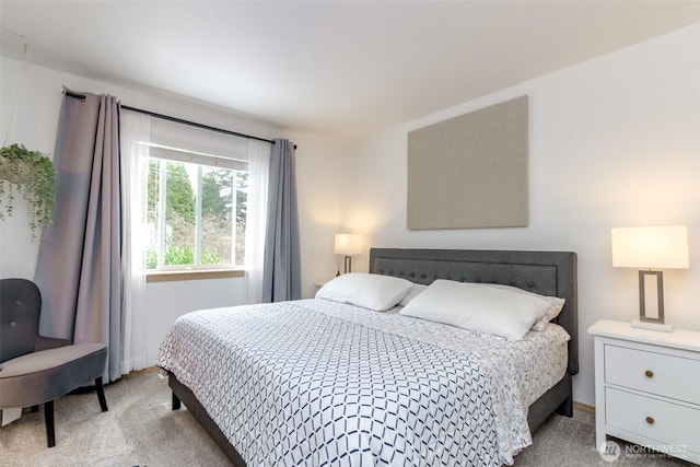 bedroom with light colored carpet