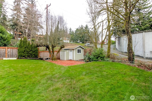 view of yard with a shed, an outdoor structure, and a fenced backyard