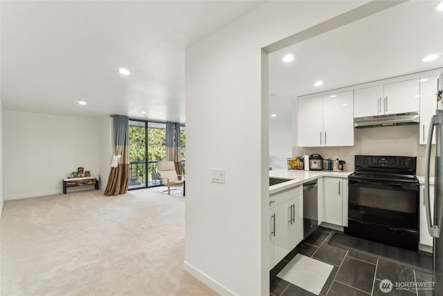 kitchen with under cabinet range hood, black / electric stove, white cabinets, light countertops, and dishwasher