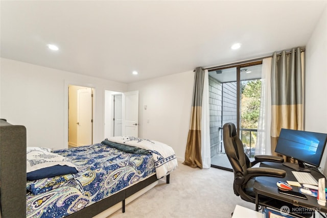 bedroom featuring access to outside, recessed lighting, and light colored carpet