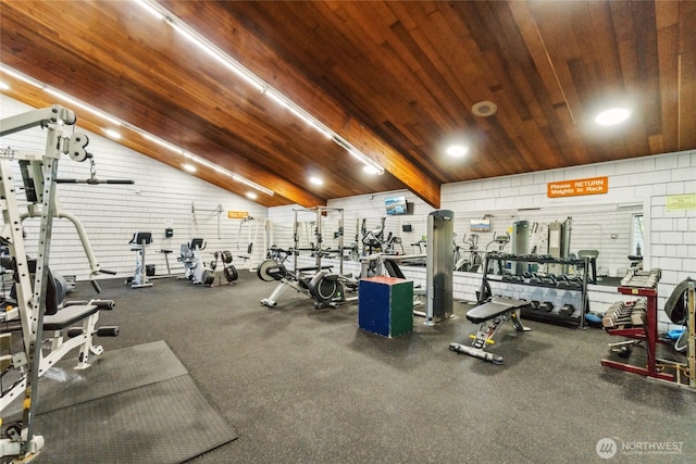 workout area featuring lofted ceiling and wooden ceiling