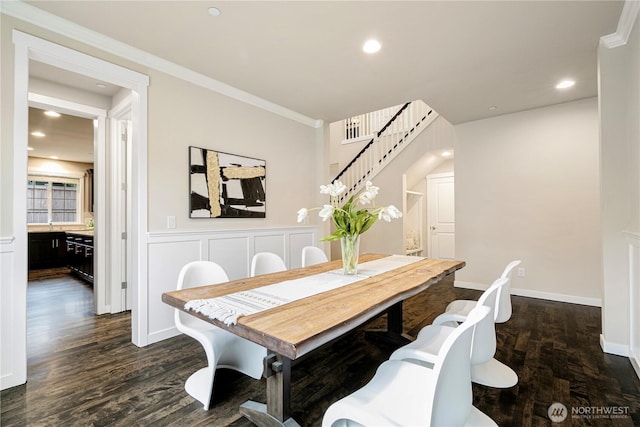 dining space featuring recessed lighting, stairway, dark wood-type flooring, ornamental molding, and baseboards