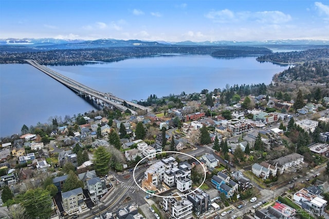 birds eye view of property featuring a water and mountain view