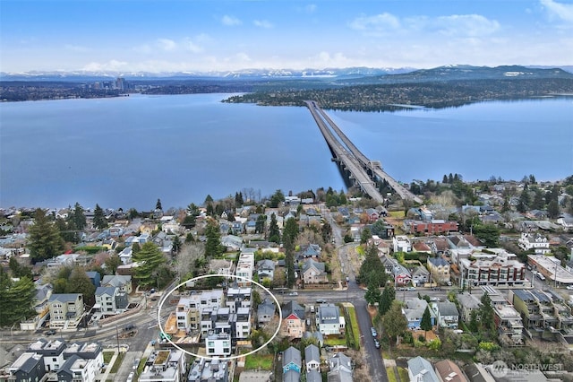 aerial view with a water and mountain view