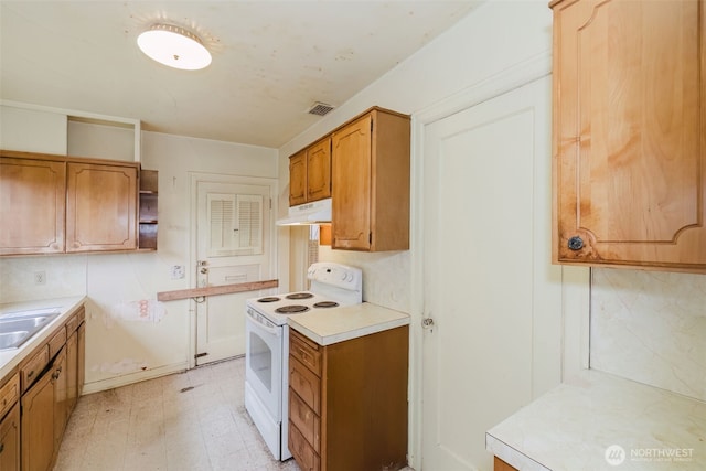 kitchen with white electric stove, visible vents, light countertops, under cabinet range hood, and open shelves