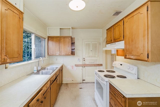 kitchen with under cabinet range hood, electric range, a sink, visible vents, and open shelves