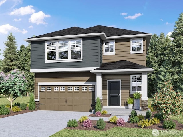 view of front facade featuring an attached garage, concrete driveway, and roof with shingles