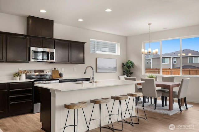 kitchen with a kitchen bar, light countertops, light wood-style floors, stainless steel appliances, and a sink