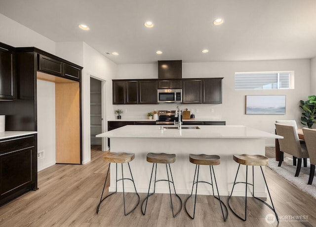 kitchen featuring light wood-type flooring, a sink, recessed lighting, stainless steel appliances, and light countertops