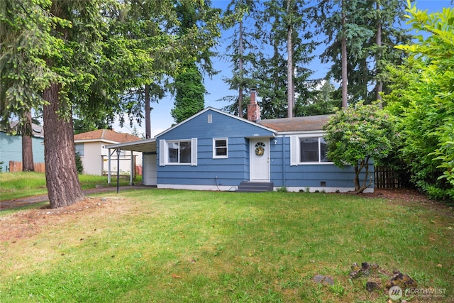 single story home with entry steps, crawl space, a carport, a chimney, and a front yard