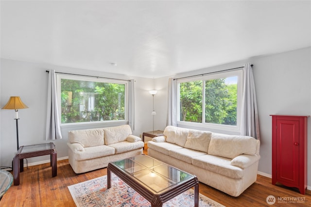 living area featuring hardwood / wood-style flooring and baseboards