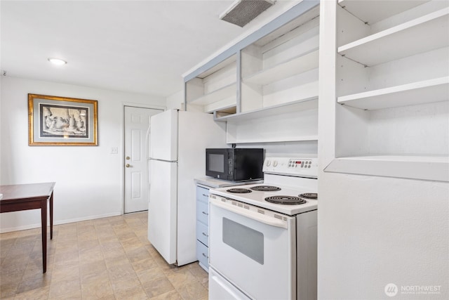 kitchen with open shelves, white appliances, light countertops, and visible vents