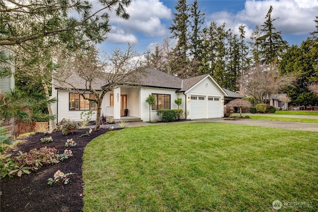 single story home featuring roof with shingles, an attached garage, board and batten siding, driveway, and a front lawn