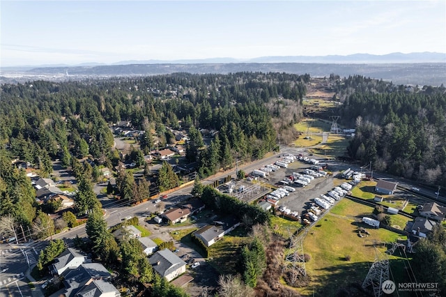 drone / aerial view featuring a forest view and a mountain view