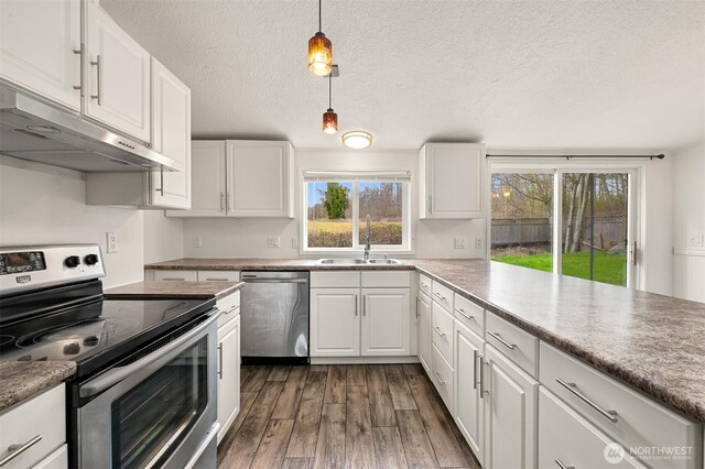 kitchen with under cabinet range hood, appliances with stainless steel finishes, white cabinetry, and dark wood-type flooring